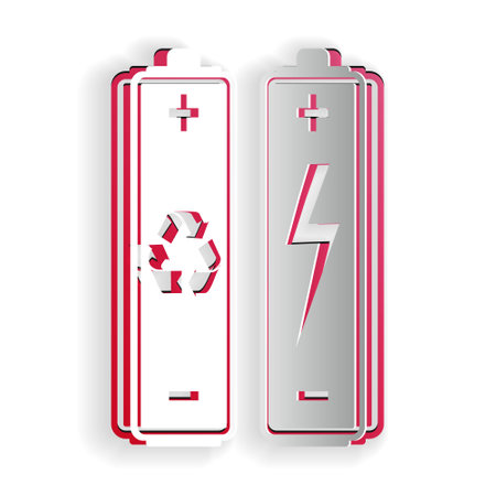 Paper cut Battery with recycle symbol - renewable energy concept icon isolated on white background. Paper art style. Vectorのイラスト素材