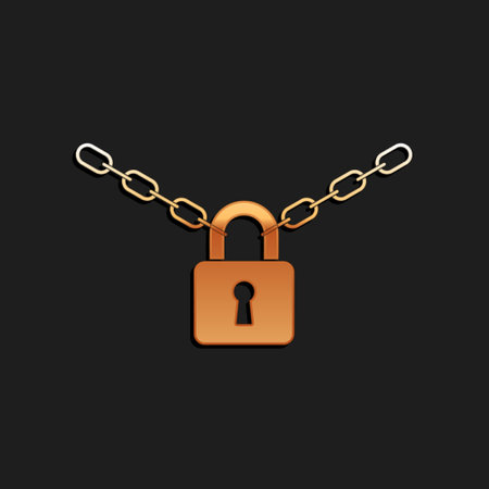 Gold Metal chain and lock icon isolated on black background. Padlock and steel chain. Long shadow style. Vectorのイラスト素材