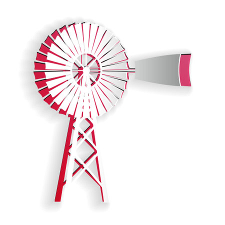 Paper cut Windmill icon isolated on white background. Paper art style. Vectorのイラスト素材