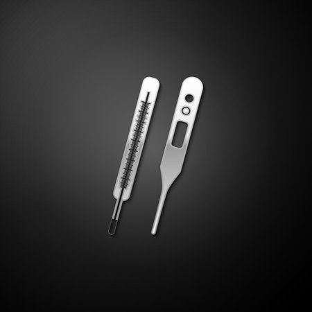 Silver Classic Medical thermometer and digital thermometer for medical examination icon isolated on black background. Long shadow style. Vectorのイラスト素材