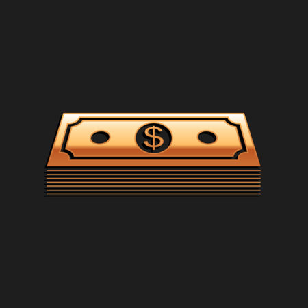 Gold Paper money american dollars cash icon isolated on black background. Money banknotes stack with dollar icon. Bill currency. Long shadow style. Vectorのイラスト素材