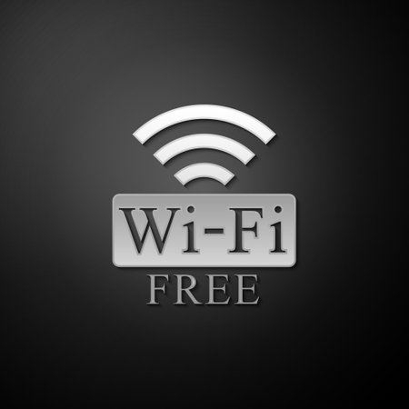 Silver Free Wifi icon isolated on black background. Wifi symbol. Wireless Network icon. Wifi zone. Long shadow style. Vectorのイラスト素材