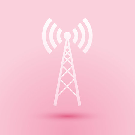 Paper cut Antenna icon isolated on pink background. Radio antenna wireless. Technology and network signal radio antenna. Paper art style. Vectorのイラスト素材