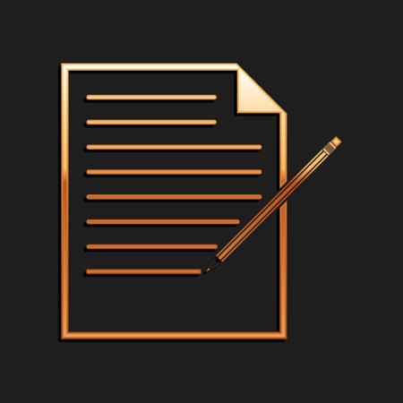 Gold Blank notebook and pencil with eraser icon isolated on black background. Paper and pencil. Long shadow style. Vectorのイラスト素材