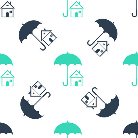 Green House with umbrella icon isolated seamless pattern on white background. Real estate insurance symbol. Protection, safety, security, protect, defense concept. Vectorのイラスト素材
