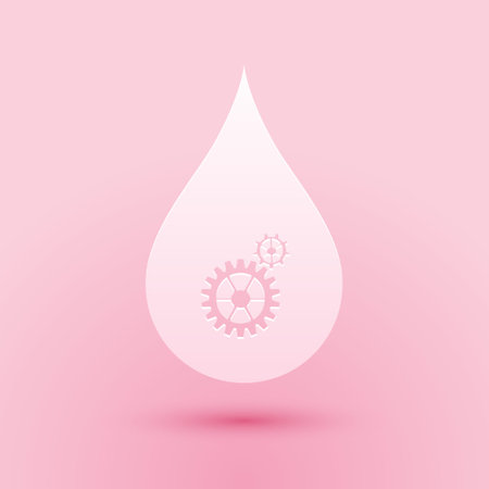 Paper cut Drop with gears icon isolated on pink background. Abstract concept for ecology theme, green eco energy, technology and industry. Paper art style. Vectorのイラスト素材