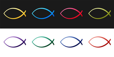 Set Christian fish symbol icon isolated on black and white background. Jesus fish symbol. Vectorのイラスト素材