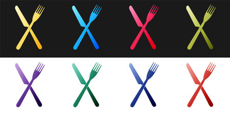 Set Crossed fork and knife icon isolated on black and white background. Restaurant icon. Vectorのイラスト素材