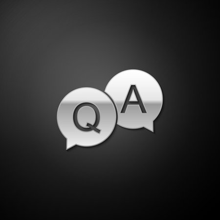Silver Question and Answer mark in speech bubble icon isolated on black background. Q and A symbol. FAQ sign. Copy files, chat speech bubble. Long shadow style. Vectorのイラスト素材