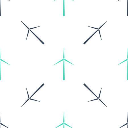 Green Wind turbine icon isolated seamless pattern on white background. Wind generator sign. Windmill silhouette. Windmills for electric power production. Vectorのイラスト素材