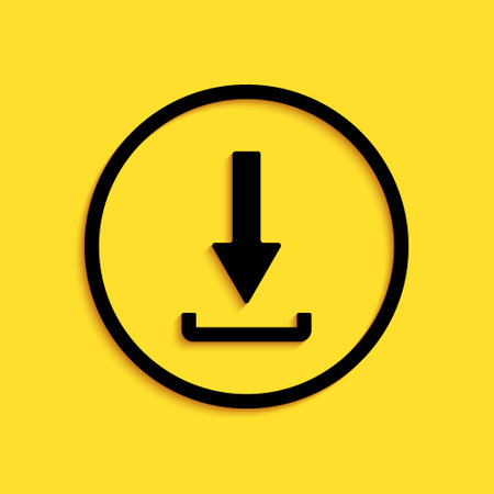 Black Download icon isolated on yellow background. Upload button. Load symbol. Arrow point to down. Long shadow style. Vectorのイラスト素材