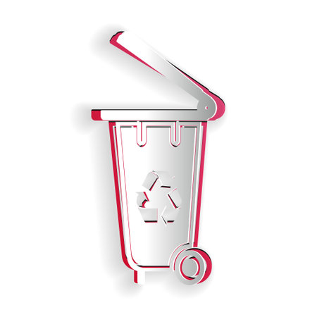 Paper cut Recycle bin with recycle symbol icon isolated on white background. Trash can icon. Garbage bin sign. Recycle basket icon. Paper art style. Vectorのイラスト素材