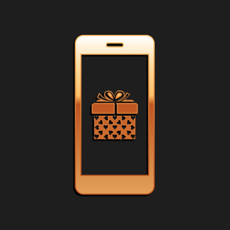 Gold Smartphone with gift box and heart symbol on the screen icon isolated on black background. Valentines day symbol. The online store, e-shopping. Long shadow style. Vectorのイラスト素材