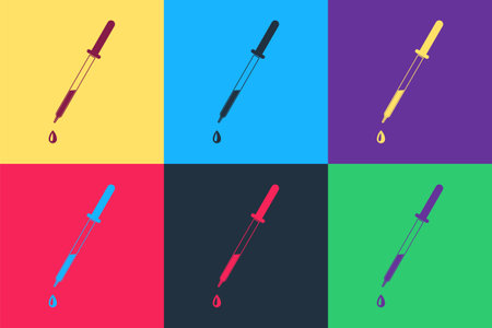 Pop art Pipette icon isolated on color background. Element of medical, chemistry lab equipment. Pipette with drop. Medicine symbol. Vectorのイラスト素材