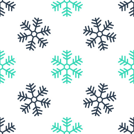 Green Snowflake icon isolated seamless pattern on white background. Vector