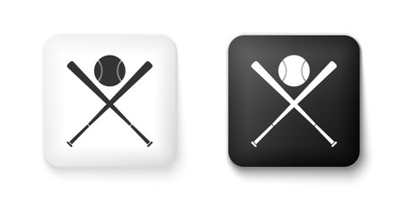 Black and white Crossed baseball bats and ball icon isolated on white background. Square button. Vectorのイラスト素材