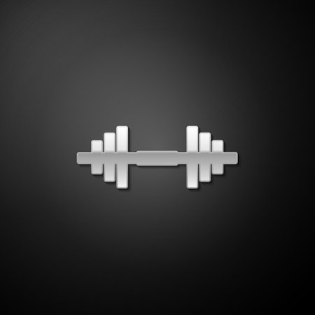 Silver Dumbbell icon isolated on black background. Muscle lifting icon, fitness barbell, gym icon, sports equipment symbol, exercise bumbbell. Long shadow style. Vectorのイラスト素材
