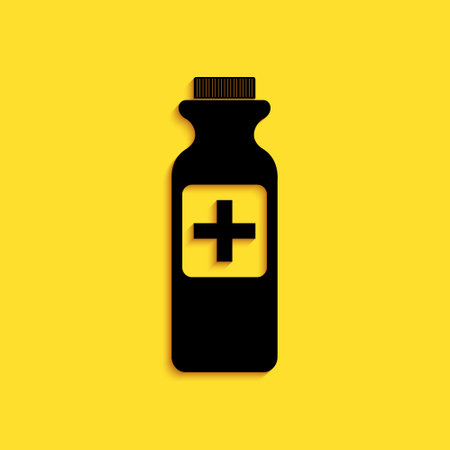 Black Medicine bottle icon isolated on yellow background. Bottle pill sign. Pharmacy design. Long shadow style. Vectorのイラスト素材