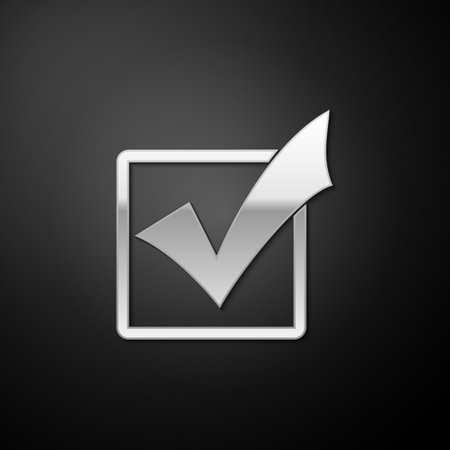 Silver Check mark in a box icon isolated on black background. Tick symbol. Check list button sign. Long shadow style. Vectorのイラスト素材