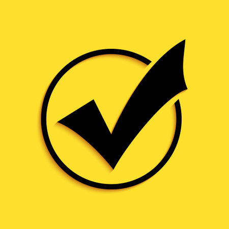 Black Check mark in round icon isolated on yellow background. Check list button sign. Long shadow style. Vectorのイラスト素材