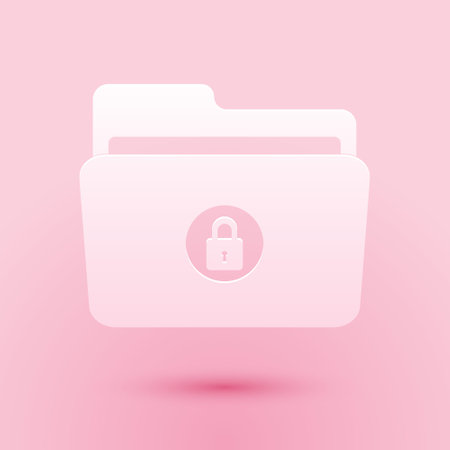 Paper cut Folder and lock icon isolated on pink background. Closed folder and padlock. Security, safety, protection concept. Paper art style. Vectorのイラスト素材