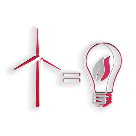 Paper cut Wind turbine and light bulb with leaves as idea of eco-friendly source of energy icon...