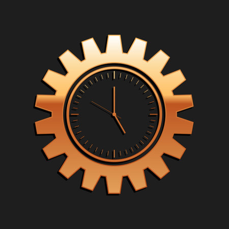 Gold Time Management icon isolated on black background. Clock and gear sign. Productivity symbol....