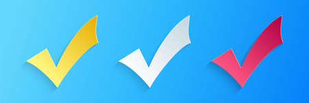 Paper cut Check mark icon isolated on blue background. Tick symbol. Paper art style. Vectorのイラスト素材