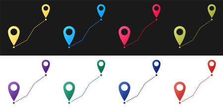 Set Route location icon isolated on black and white background. Map pointer sign. Concept of path or...