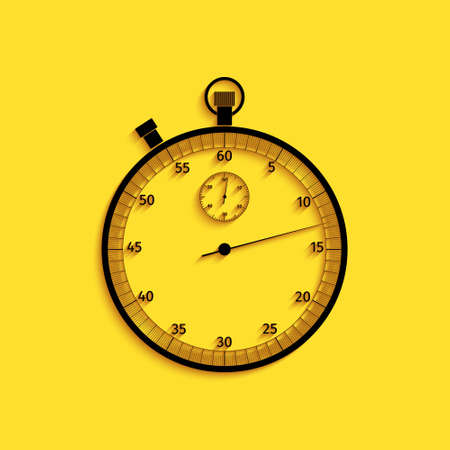 Black Classic stopwatch icon isolated on yellow background. Timer icon. Chronometer sign. Long shadow style. Vectorのイラスト素材