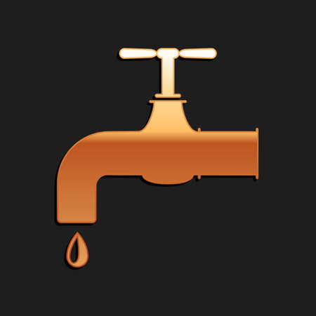 Gold Water tap with a falling water drop icon isolated on black background. Long shadow style. Vectorのイラスト素材