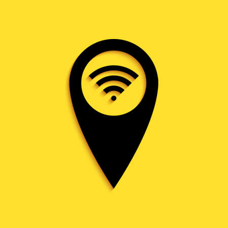 Black Pointer map with wifi internet signal connection icon isolated on yellow background. Long shadow style. Vectorのイラスト素材