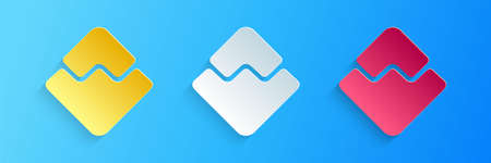 Paper cut Cryptocurrency coin Waves icon isolated on blue background. Physical bit coin. Digital...