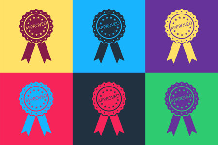 Pop art Approved or certified medal badge with ribbons icon isolated on color background. Approved seal stamp sign. Vectorのイラスト素材