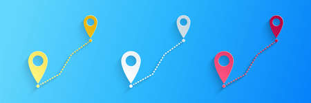 Paper cut Route location icon isolated on blue background. Map pointer sign. Concept of path or...