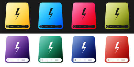 Set Power bank icon isolated on black and white background. Portable charging device. Vectorのイラスト素材