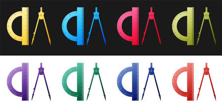 Set Protractor and drawing compass icon isolated on black and white background. Drawing professional instrument. Geometric equipment. Education sign. Vectorのイラスト素材