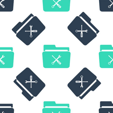 Green Folder and tools or settings icon isolated seamless pattern on white background. Folder with...