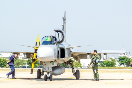 BANGKOK - MARCH 23:"Breitling Jet Team Under The Royal Sky" Breitling Team and Rayal Thai Air Force Air Show at Donmueang Bangkok Thailand  in March 23, 2013 のeditorial素材