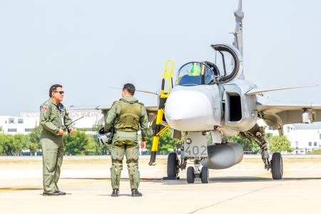BANGKOK - MARCH 23:"Breitling Jet Team Under The Royal Sky" Breitling Team and Rayal Thai Air Force Air Show at Donmueang Bangkok Thailand  in March 23, 2013 のeditorial素材