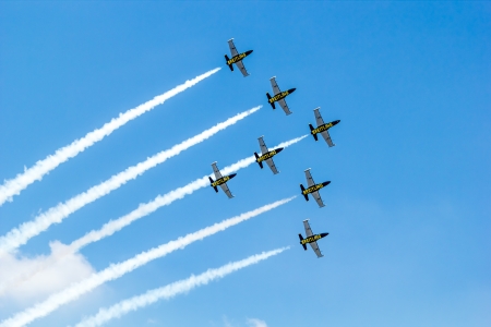BANGKOK - MARCH 23:"Breitling Jet Team Under The Royal Sky" Breitling Team and Rayal Thai Air Force Air Show at Donmueang Bangkok Thailand  in March 23, 2013 のeditorial素材
