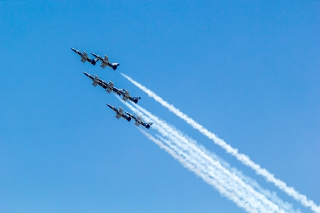 BANGKOK - MARCH 23:"Breitling Jet Team Under The Royal Sky" Breitling Team and Rayal Thai Air Force Air Show at Donmueang Bangkok Thailand  in March 23, 2013 のeditorial素材