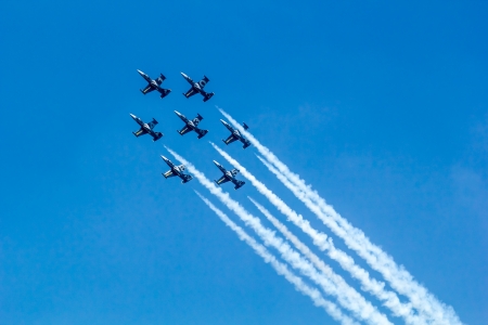 BANGKOK - MARCH 23:"Breitling Jet Team Under The Royal Sky" Breitling Team and Rayal Thai Air Force Air Show at Donmueang Bangkok Thailand  in March 23, 2013 のeditorial素材