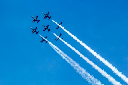 BANGKOK - MARCH 23:"Breitling Jet Team Under The Royal Sky" Breitling Team and Rayal Thai Air Force Air Show at Donmueang Bangkok Thailand  in March 23, 2013 のeditorial素材