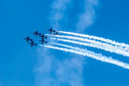 BANGKOK - MARCH 23:"Breitling Jet Team Under The Royal Sky" Breitling Team and Rayal Thai Air Force Air Show at Donmueang Bangkok Thailand  in March 23, 2013 のeditorial素材