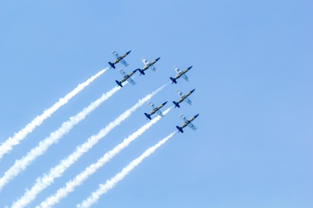 BANGKOK - MARCH 23:"Breitling Jet Team Under The Royal Sky" Breitling Team and Rayal Thai Air Force Air Show at Donmueang Bangkok Thailand  in March 23, 2013 のeditorial素材