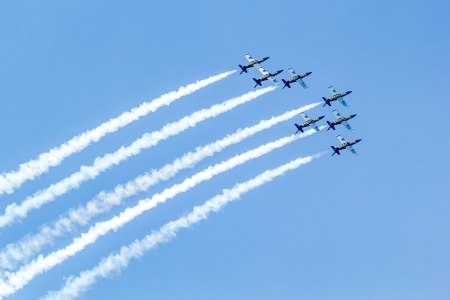 BANGKOK - MARCH 23:"Breitling Jet Team Under The Royal Sky" Breitling Team and Rayal Thai Air Force Air Show at Donmueang Bangkok Thailand  in March 23, 2013 のeditorial素材