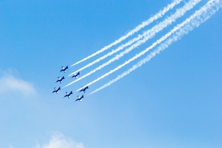 BANGKOK - MARCH 23:"Breitling Jet Team Under The Royal Sky" Breitling Team and Rayal Thai Air Force Air Show at Donmueang Bangkok Thailand  in March 23, 2013 のeditorial素材