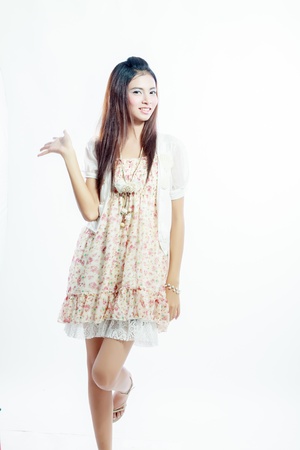 teen girl beautiful cheerful enjoying isolated on white background の写真素材