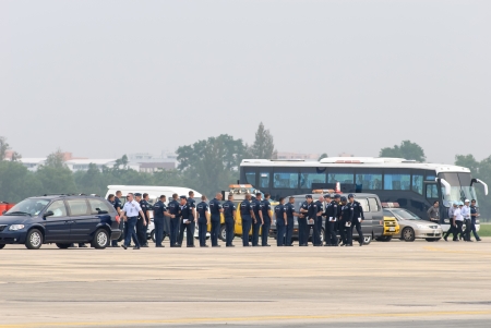 United States Air Force Thunderbirds military aerobatic team during an exhibition at Royal Thai Air Force Base, Bangkok, Thailand のeditorial素材